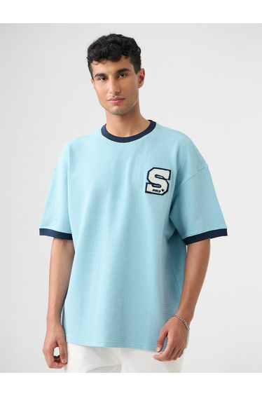 Men Blue Textured Oversized T-Shirt