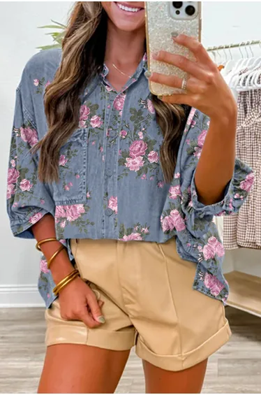 Lvness Blue Bracelet Sleeve Floral Denim Shirt