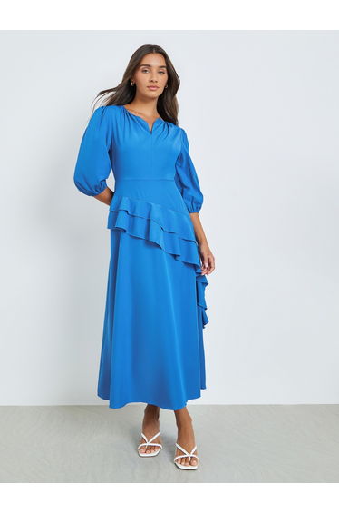 Blue Ruffle Detail Midi Dress with Notch Neck