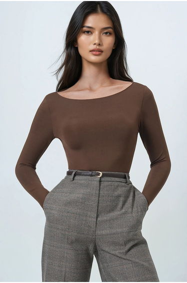Woman brown boat neck basic blouse