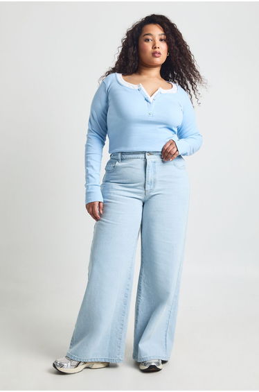 Plus Ribbed Contrast Henley Button Long Sleeve Top - light blue