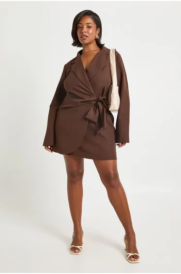 Plus Tie Waist Tailored Blazer Dress - chocolate