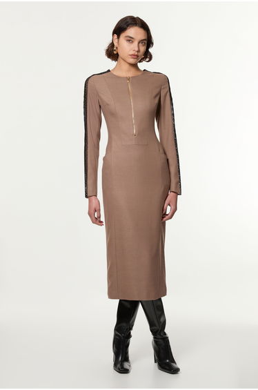 Tall Tailored Twill Lace Mix Zip Front Midi Dress