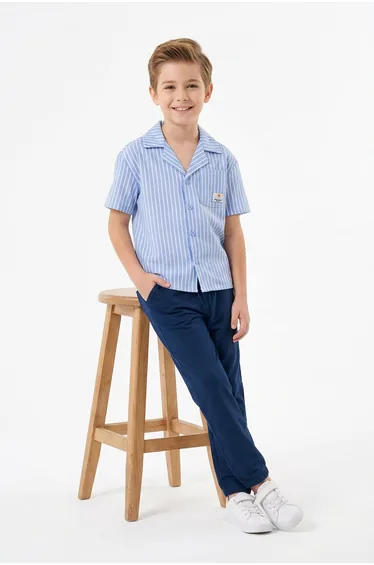 Blue Striped Woven Boys' Top and Bottom