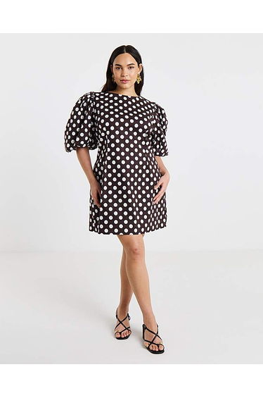 Spot Print Puff Sleeve Shift Dress