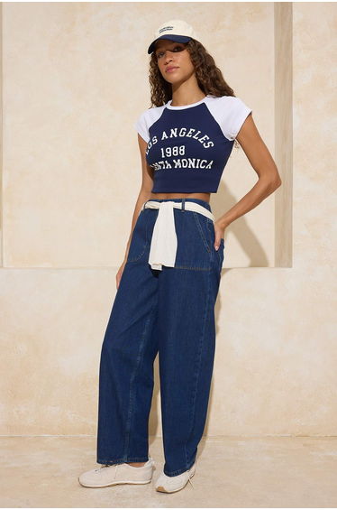 Dark Blue Elastic Waist High Waist Baggy Jeans
