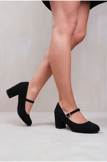 ARACELI WIDE FIT BLOCK HEEL MARY JANE PUMPS IN BLACK SUEDE