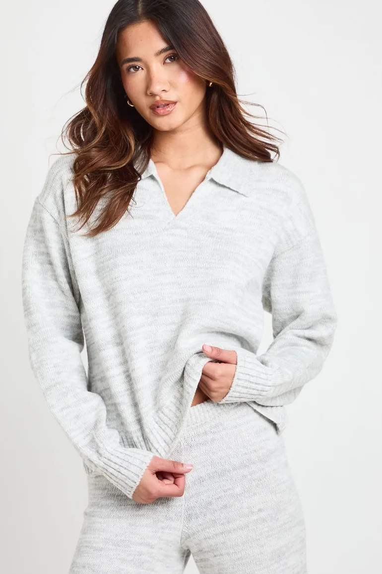 Petite Super Soft V Neck Collared Knitted Jumper and Straight Leg Trouser Co-Ord - grey - 3