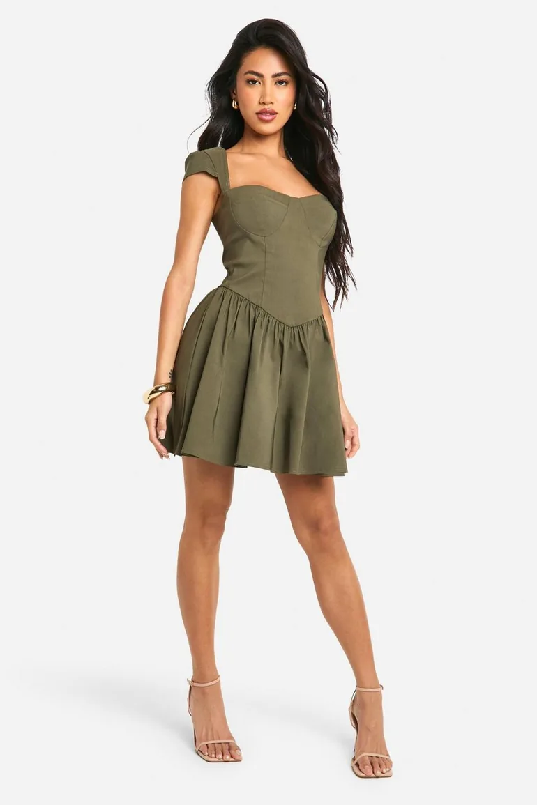 Shop Dropped Waist Cap Sleeve Mini Dress - khaki Online in Bahrain