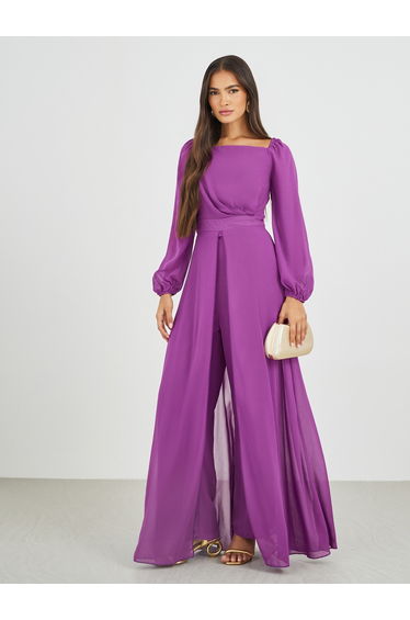 Balloon Sleeve Square Neck Skirt Layer Detail Jumpsuit