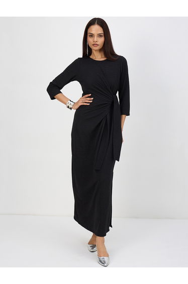 Women Black Tie-Up Maxi Dress with 3/4 Sleeves