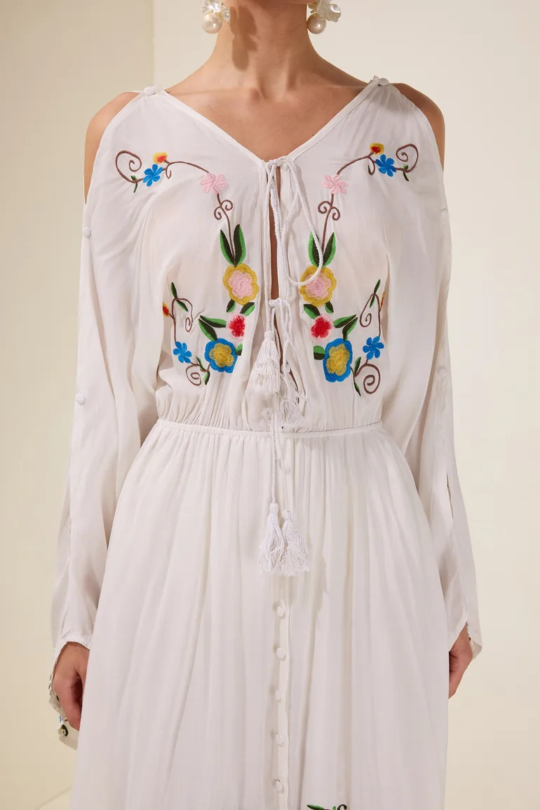 Embroidered Floral Tie-Up Midi Dress - 6