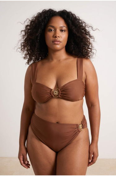 High Waist Bikini Bottom with Brown Sun Accessory