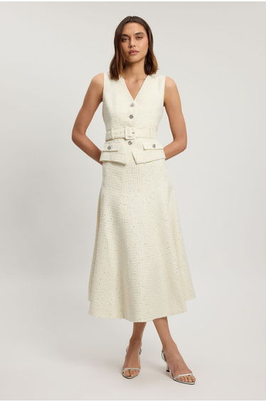 Boucle Tailored Sleeveless Satin Mix Full Skirted Midi Dress