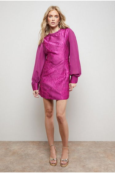 Structured Jacquard Fit And Flare Mini Dress With Chiffon Sleeve