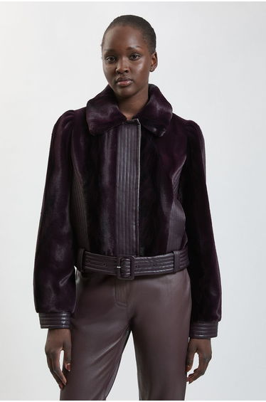 Faux Fur Pu Panelled Belted Cropped Jacket