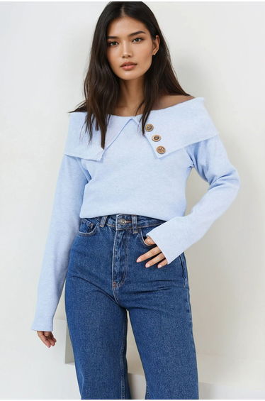 Women's Blue Madonna Collar Button Accent Piece Knitwear Blouse