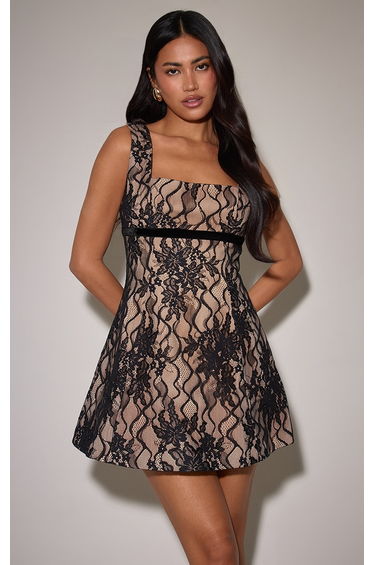 Black Lace Scoop Neck Shift Dress