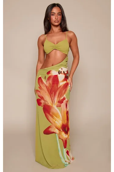 Petite Green Printed Ruched Tie Side Chiffon Flowy Maxi Dress