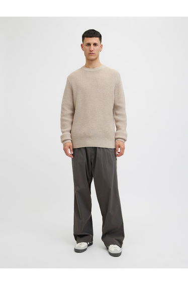 Beige Waffle Knit Crew Neck Sweater