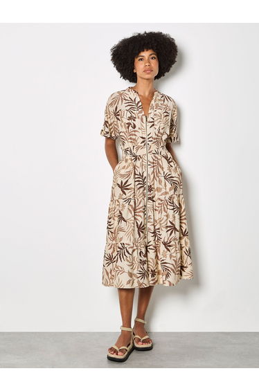 Tropical Leaf Zip-Down Midi Dress