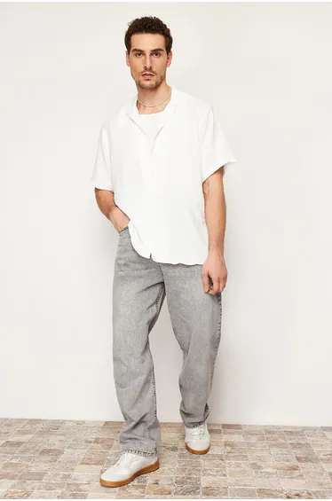 White Men's Oversize Fit Summer Short Sleeve Linen Look Shirt Shirt