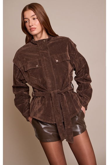 Chocolate Suede Belted Drop Waist Jacket