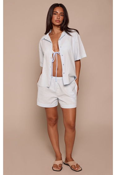 Petite Baby Blue Button Up Short Sleeve Linen Look Shirt Co-ord