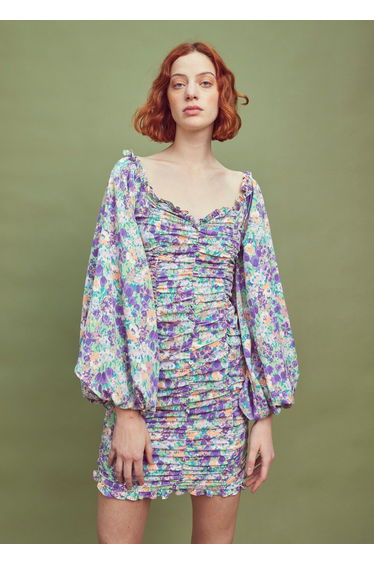 Lilac Garden-Floral Long Sleeve Mini Dress