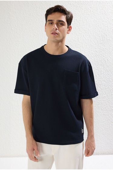 Basic Navy Blue Relaxed Textured Cut Waffles Pocket Labeled Short Sleeve T-shirt