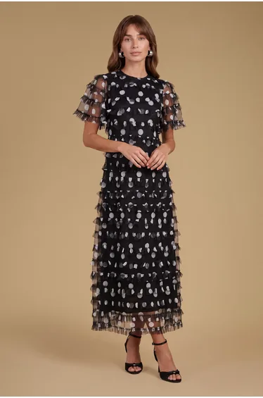 Petite Spot Print Ruffle Mesh Maxi Dress