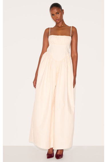 Cream Premium Ruched Corset Detail Wide Leg Jumpsuit