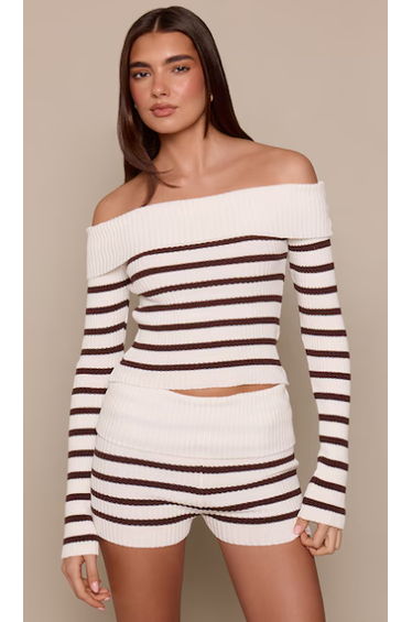 Cream Bardot Long Sleeve Striped Knitted Top