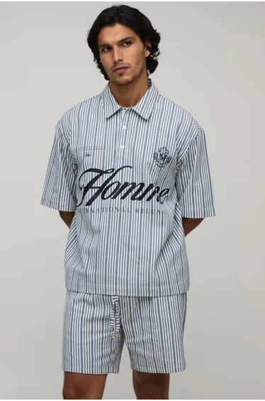 Oversized Half Sleeve Stripe Polo Shirt and Short Set - blue