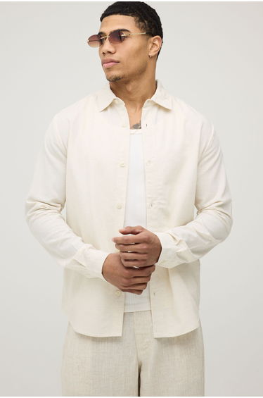 Regular Fit Long Sleeve Linen Blend Shirt - natural