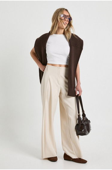 Petite Woven Pleated Wide Leg Trouser - stone