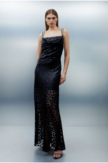 Petite Polka Dot Devore Strappy Woven Maxi Dress