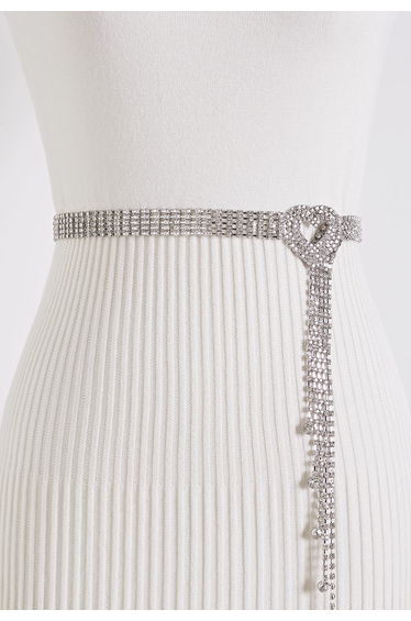 Shimmer Rhinestones Heart Tassel Chain Belt in Silver