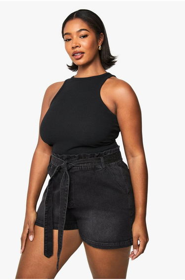 Plus Paperbag Waist Denim Short - washed black