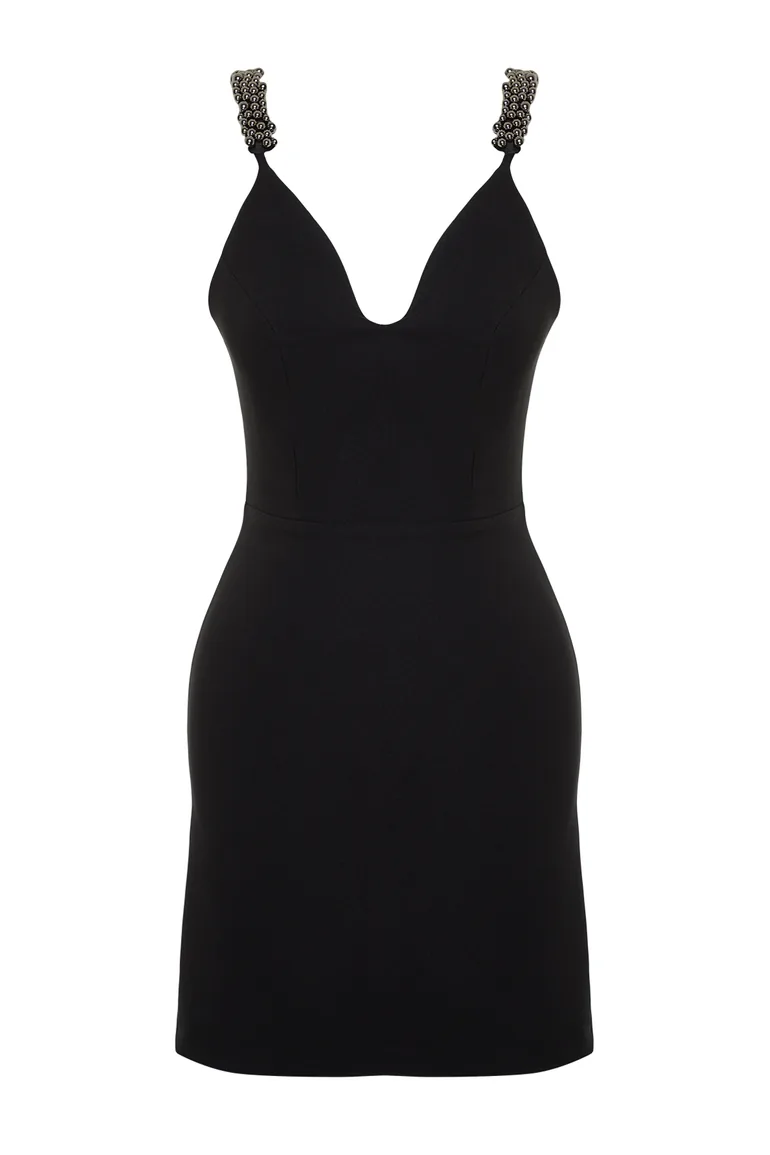Black Fitted Evening Dress with Woven Accessories - 6