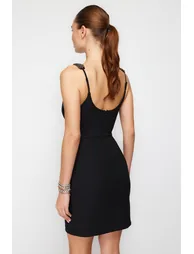 Black Fitted Evening Dress with Woven Accessories - 5