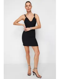 Black Fitted Evening Dress with Woven Accessories