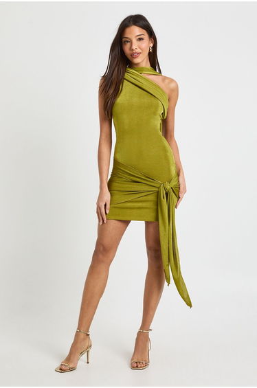 Asymmetric Wrap Waist Slinky Mini Dress - olive