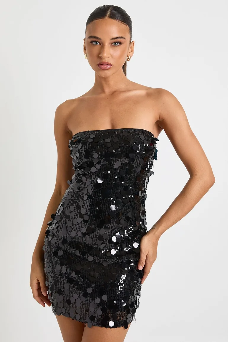 Disc Sequin Bandeau Dress - black - 1