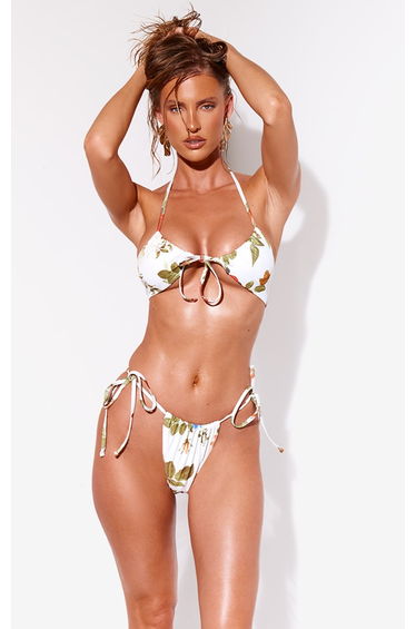 Cream Vintage Floral Tie Side Bikini Bottoms