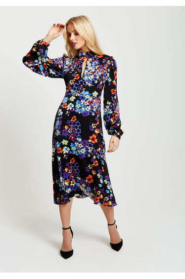 Women's Midi Dress in Orange and Blue with Long Balloon Sleeves .