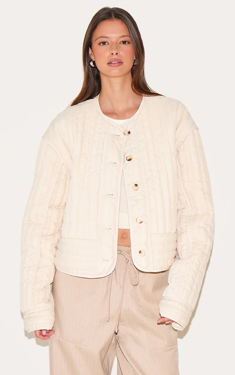 Stone Button Up Round Neck Quilted Jacket - 1