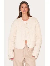 Stone Button Up Round Neck Quilted Jacket - 1