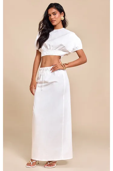 White Cotton Drawstring Tie Maxi Skirt