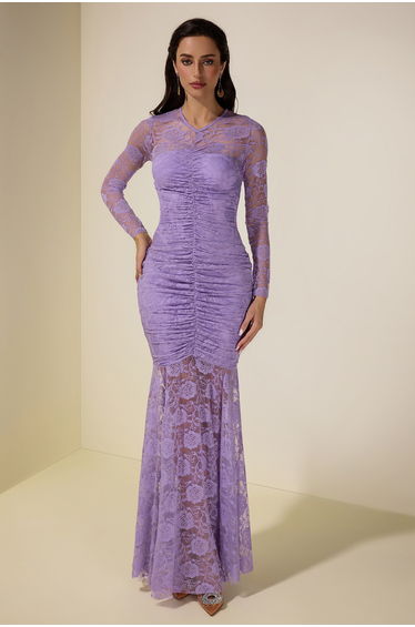 Lace Gathering Long Sleeve Midi Dress